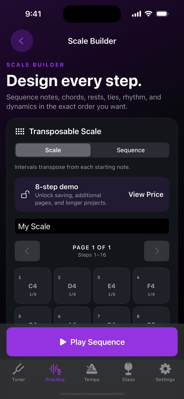 Scale Builder for arranging notes, chords, rests, ties, rhythm, and dynamics