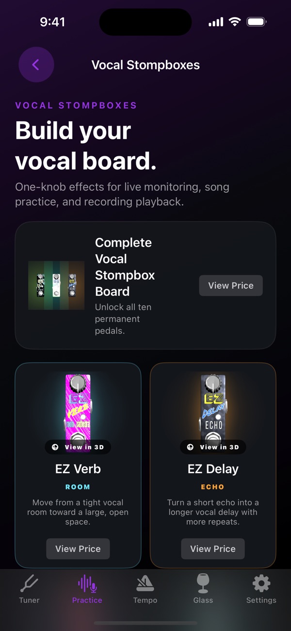Vocal Stompboxes shop showing the complete ten-pedal board